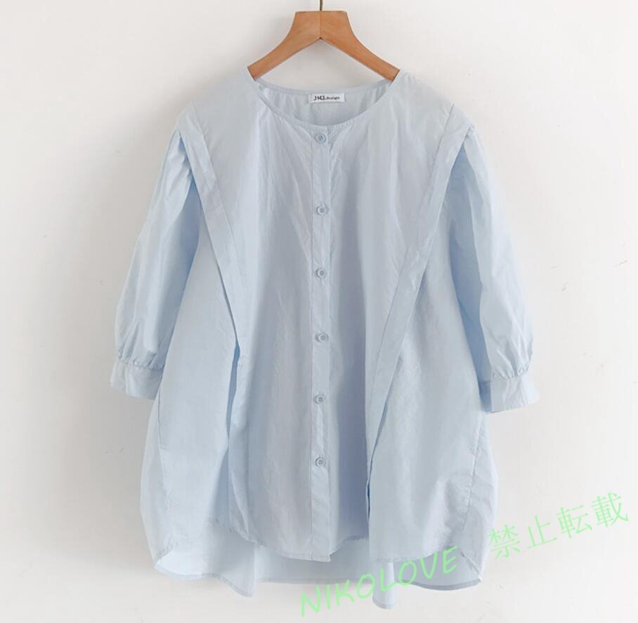 新品春夏 リネン ブラウス レディース 七分袖 シャツブラウス オフィス コットン シャツ 綿麻混 トップス 通勤 着痩せ ブルー LH704拍卖