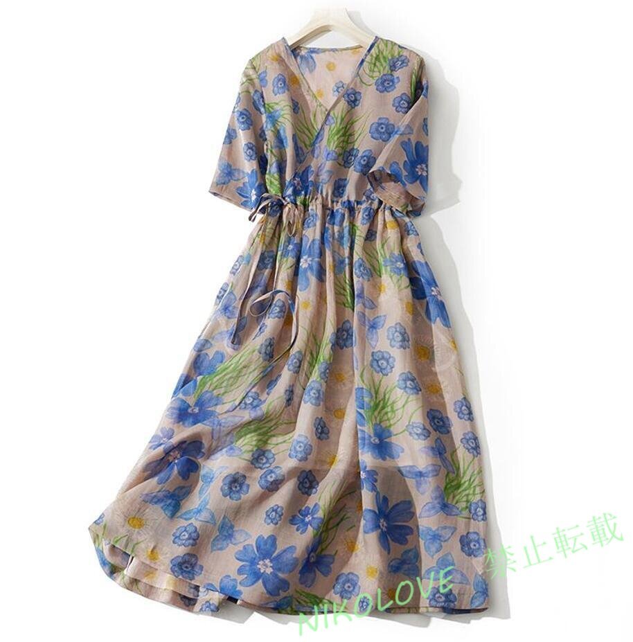 新品春夏カジュアル 大人 ワンピース レディース Vネック 総柄 花柄 ロングワンピース 半袖 大きいサイズ きれいめ 着痩せ L LH475拍卖