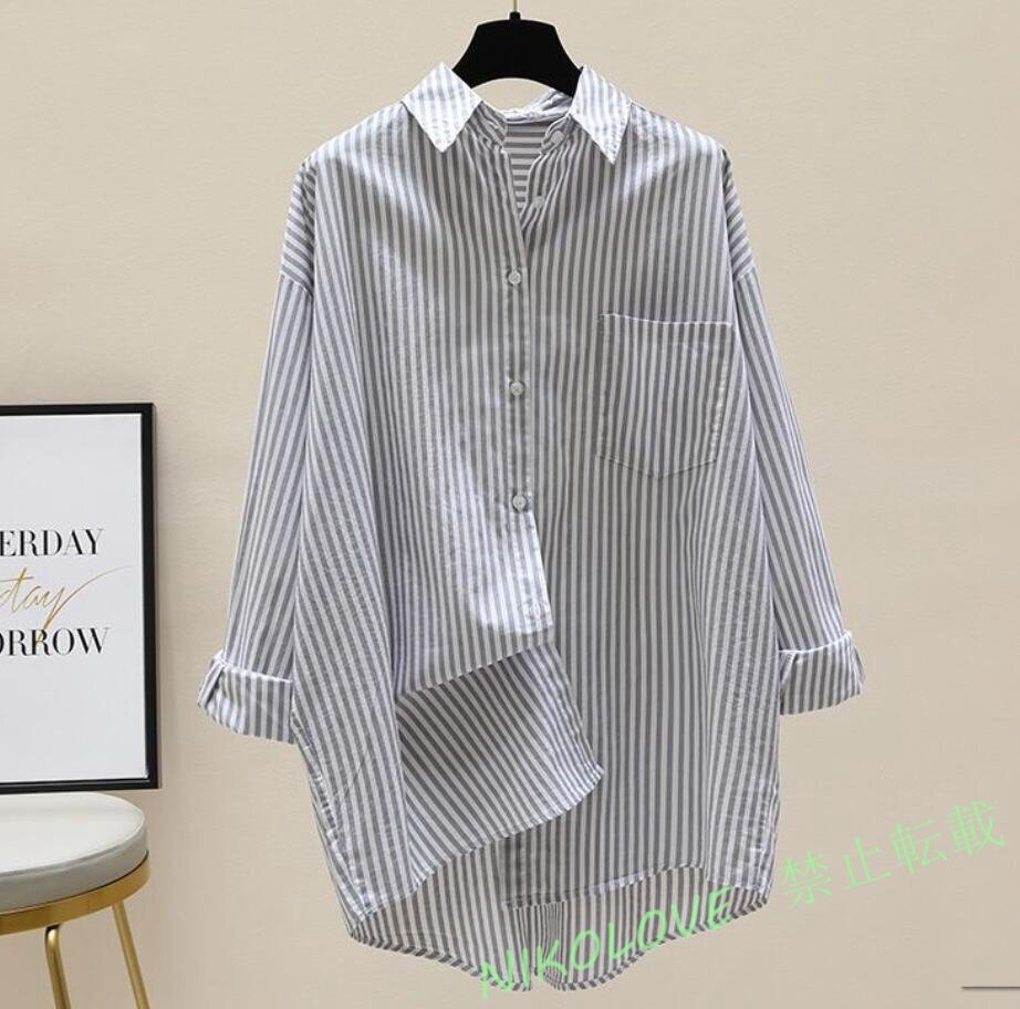 新品カジュアル ロング チュニック レディース ブラウス シャツ コットン ボーダー柄 大きいサイズ 長袖 ロング トップス グレー LH859拍卖