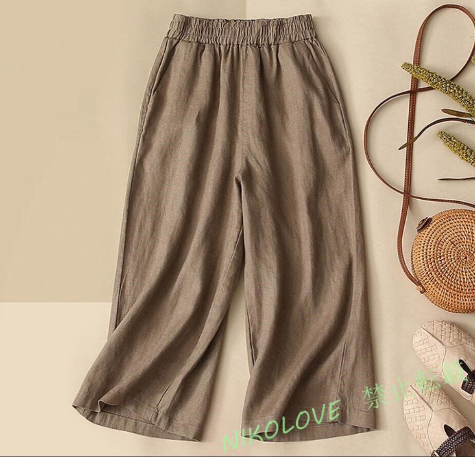 新品春夏ワイドパンツ レディース 涼しい パンツ ゆったり ガウチョパンツ ウエストゴム ポケット付き七分丈 ボトムス カーキ L LJ039拍卖