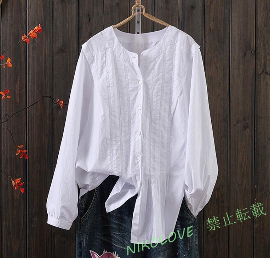 新品シャツ ブラウス コットン トップス 無地 レディース チュニック 長袖 大きいサイズ 体型カバー お洒落 カジュアル風 白 LH824拍卖