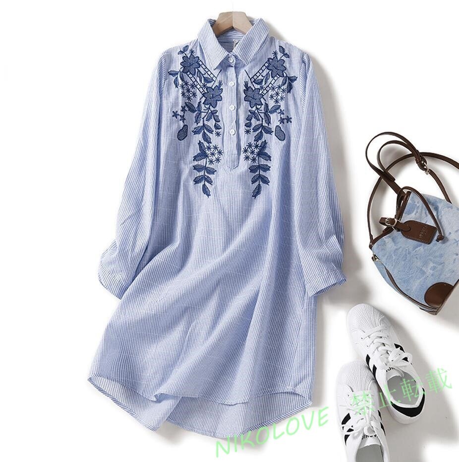 新品大きいサイズ ゆったり チュニック トップス レディース 綿麻 ブラウス 刺繍入り ロング丈 長袖 春 ブルー LH850拍卖