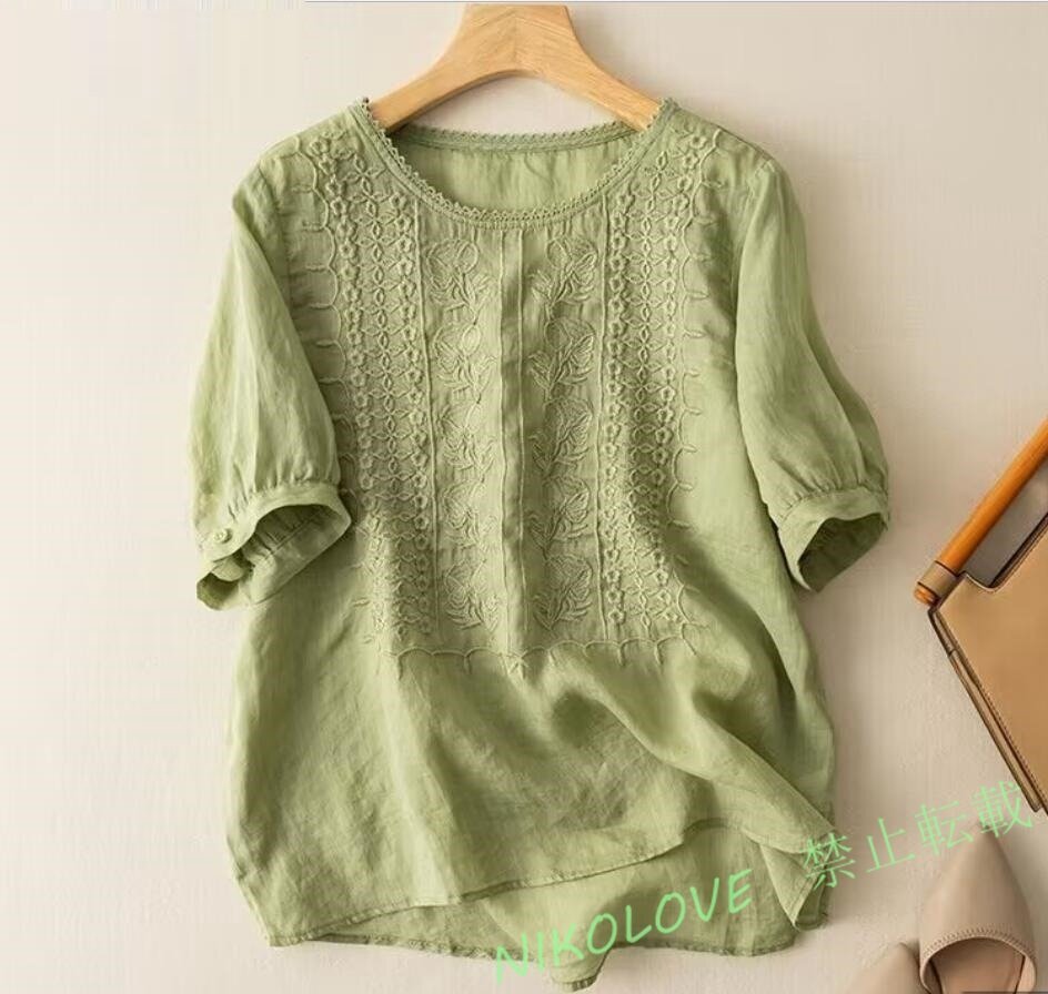 新品綿麻 シャツ ブラウス チュニック 五分袖 リネン シャツ ナチュラル 着痩せ ゆったり 可愛い 刺繍 きれいめ グリーン LH480拍卖