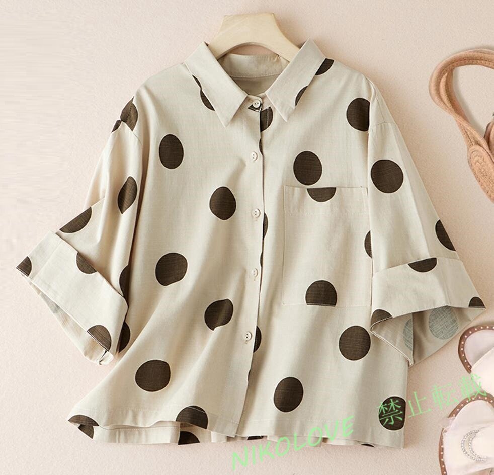 新品春夏チュニックブラウス レディース 五分袖 水玉柄 シャツ ブラウス 大きいサイズ ゆったり トップス きれいめ カーキ XL LH449拍卖