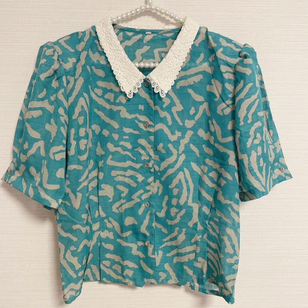 婦人服 レトロ ブラウス レース 襟付き 半袖 13R LL 肩パット入り 美品拍卖