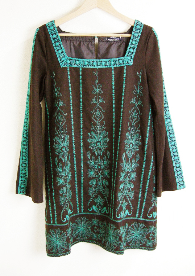 ■GRACE CONTINENTAL【グレースコンチネンタル】 茶 緑 刺繍 ウール ワンピース 36拍卖