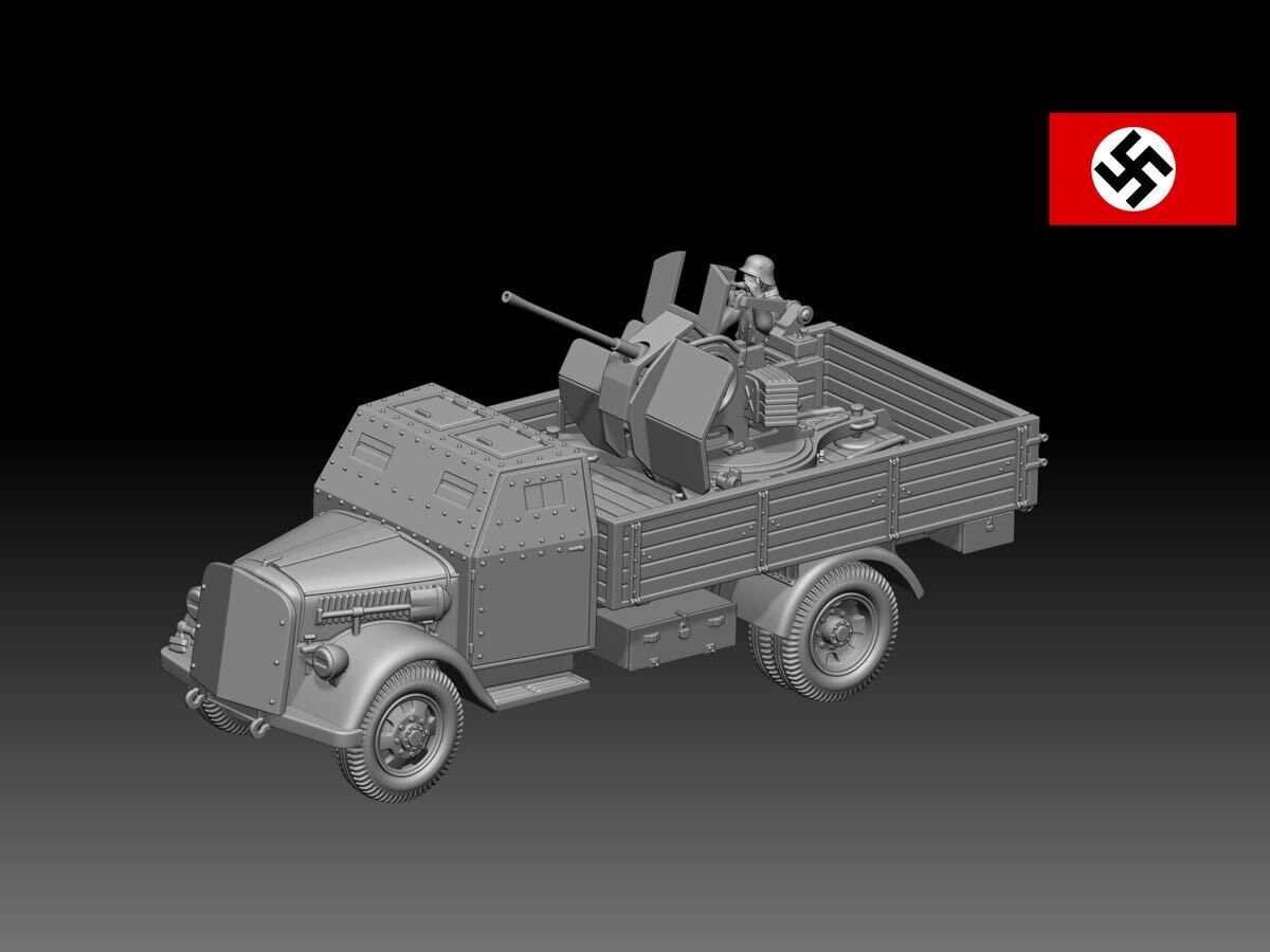 1/72レジンキット 未塗装 WW2ドイツ軍 オペルブリッツ(装甲キャブ)2cmFlak38搭載型トラック兵士フィギュア付 240609拍卖