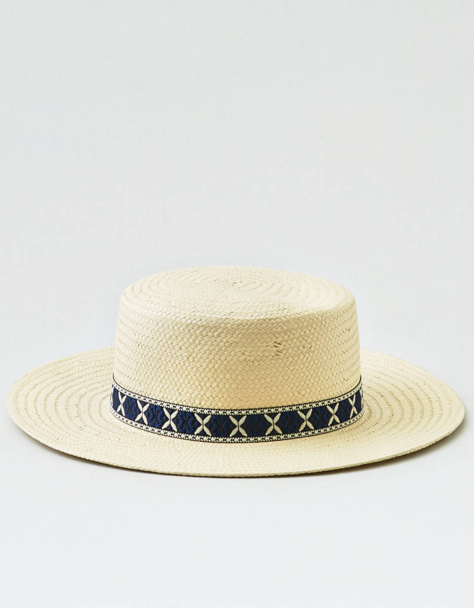 新品 AE AMERICAN EAGLE アメリカンイーグル エンブロイダリートリムボーターハット 刺繍 AEO ペーパーストロー カンカン帽 ワイドブリム拍卖