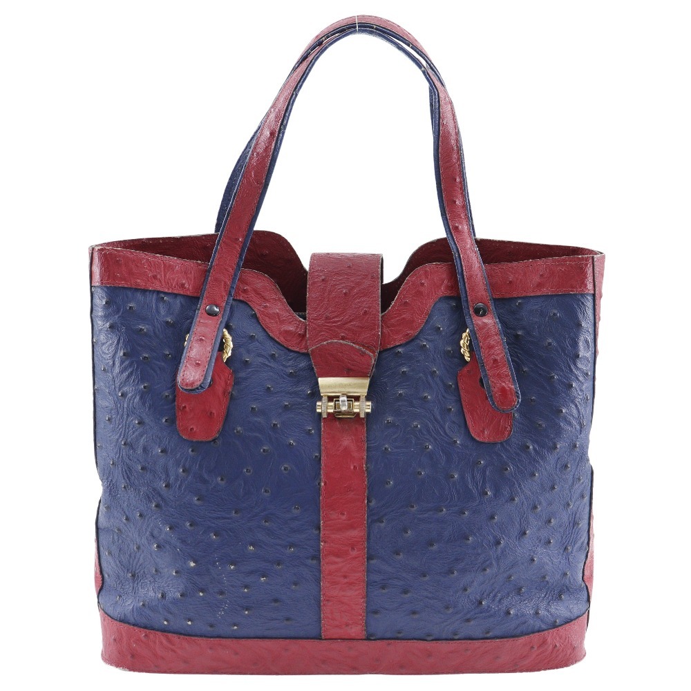 ハンドバッグ オーストリッチ ネイビー/赤 レディース【H152324199】中古拍卖