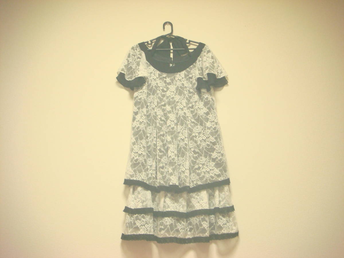 超素敵! 総レース バックおリボン付き ティアード ワンピース 白黒 美品 ロリータ ゴスロリ風 二次会ドレス拍卖