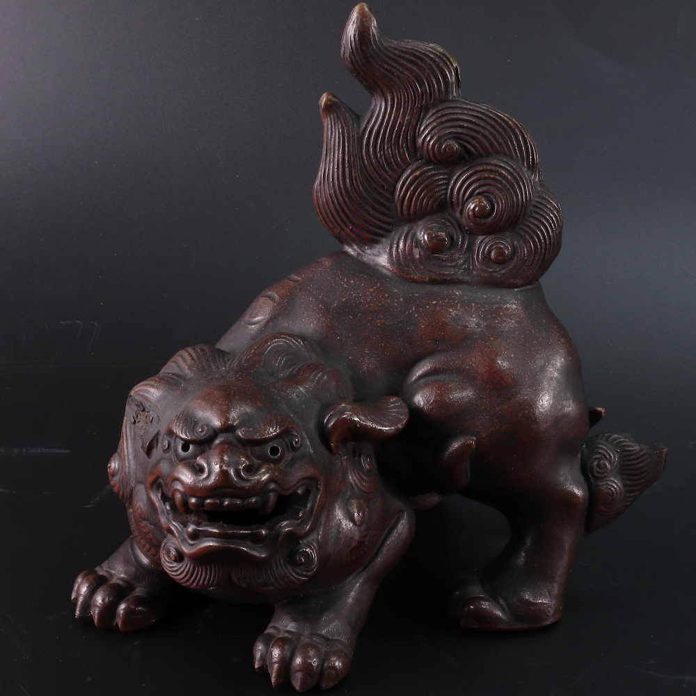 ◆◇備前焼 唐獅子置物 狛犬 古備前 魔除け 縁起物 骨董品 古美術品 全長19.5cm◇◆拍卖