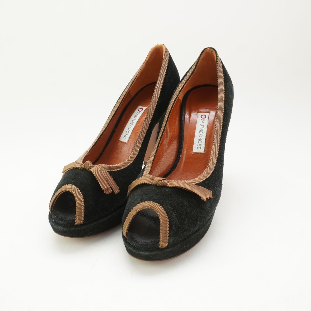 L' AUTRE CHOSE ロートレショーズ 35 1/2 22.5~23.0 パンプス ヒール オープントゥ リボン スエード 黒 ブラック/RC91拍卖