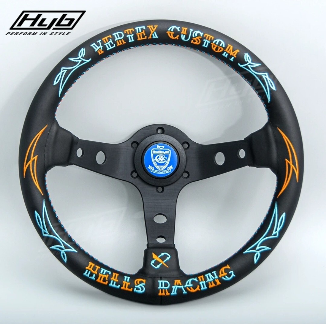 ①ユニバーサルレーシング スポーツ ステアリング 派手柄 VERTEX リアルレザー,レーシングホイール 13インチ 深さ87mm 汎用品 ドリフト拍卖