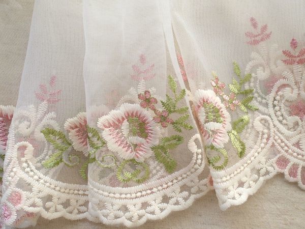 即決 ! 50cmカット 幅広 刺繍レース ピンク 花☆手芸拍卖