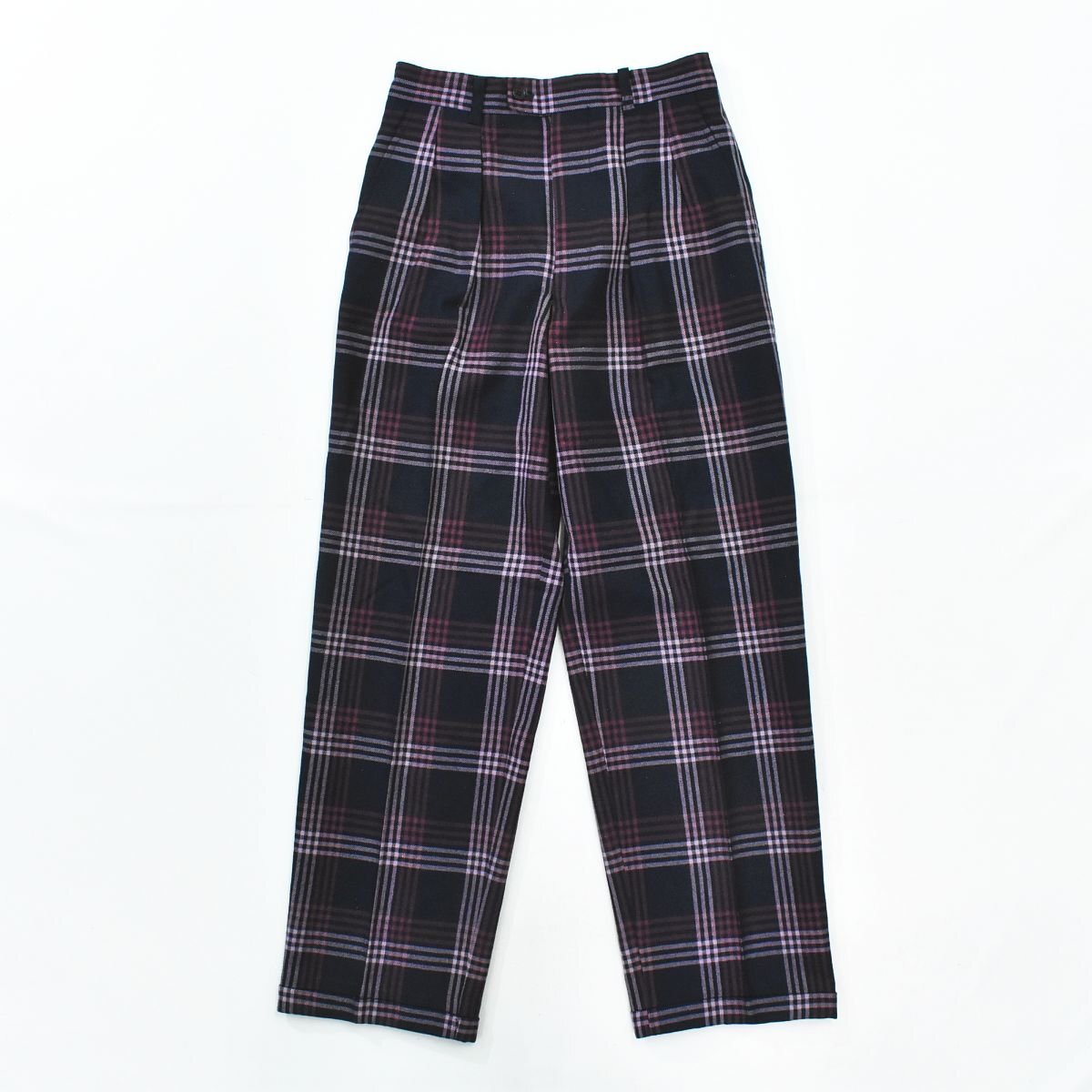 ★2タック ワイド シルエット パーリーゲイツ PEARLY GATES ウール チェック スラックス パンツ S ネイビー系★ゴルフ ウェア ゆったり★拍卖