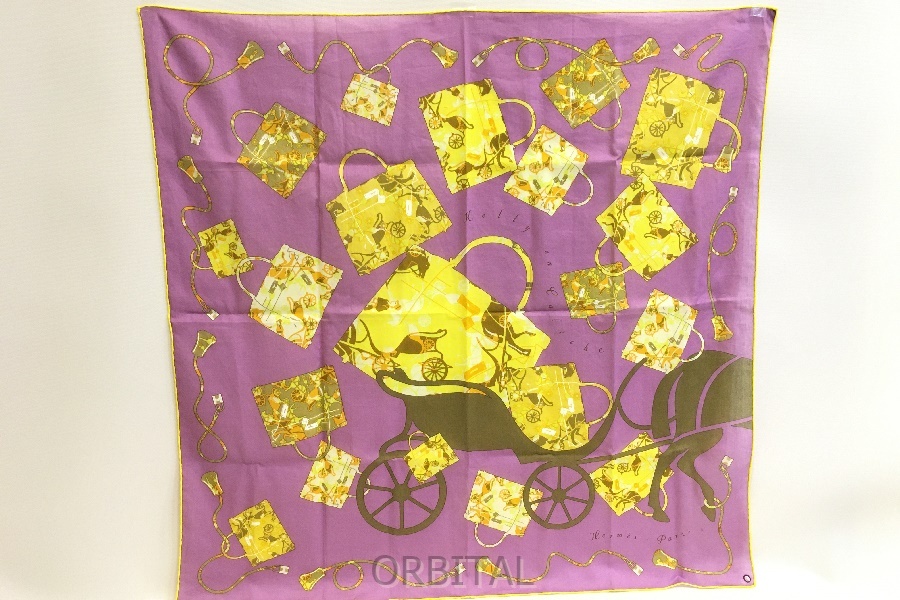 二子玉)HERMES エルメス カレ65 KELLY EN CALECHE ケリーの馬車 コットン スカーフ パープル 紫 美品拍卖