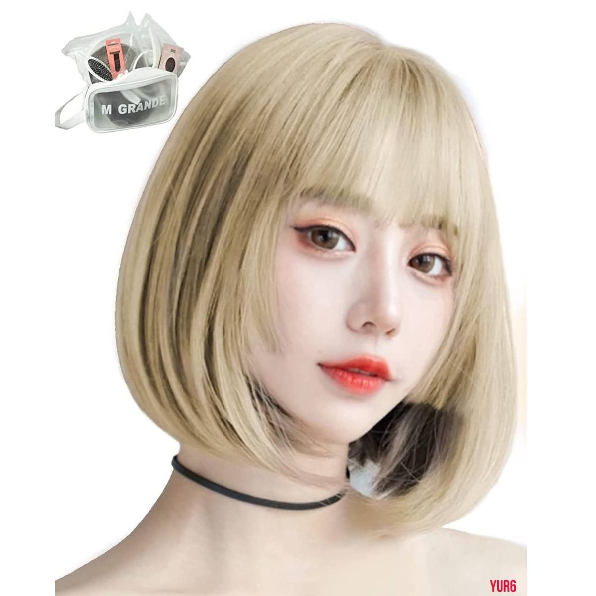 ショートボブストレートウィッグ ゴールドベージュ 前髪カール 人工頭皮 レディース かつら 小顔効果 耐熱 普段使い お洒落 普段使い拍卖