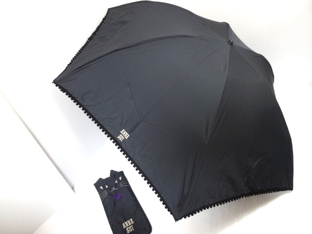 新品未使用 正規品 ANNA SUI アナスイ 猫 顔刺繍 外袋 3つ折り畳み 雨傘 持ち手 ハート 黒拍卖