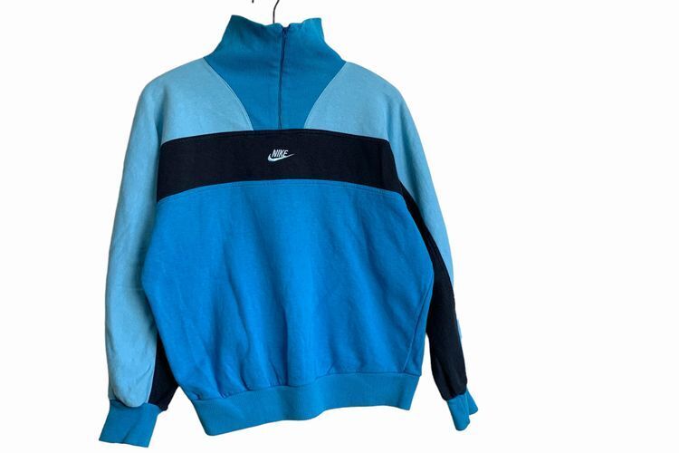 80sビンテージNIKEナイキワンポイントロゴ刺繍3トーンボトルネックハーフジッププルオーバースウェットトレーナーMブルーフラックh23833拍卖