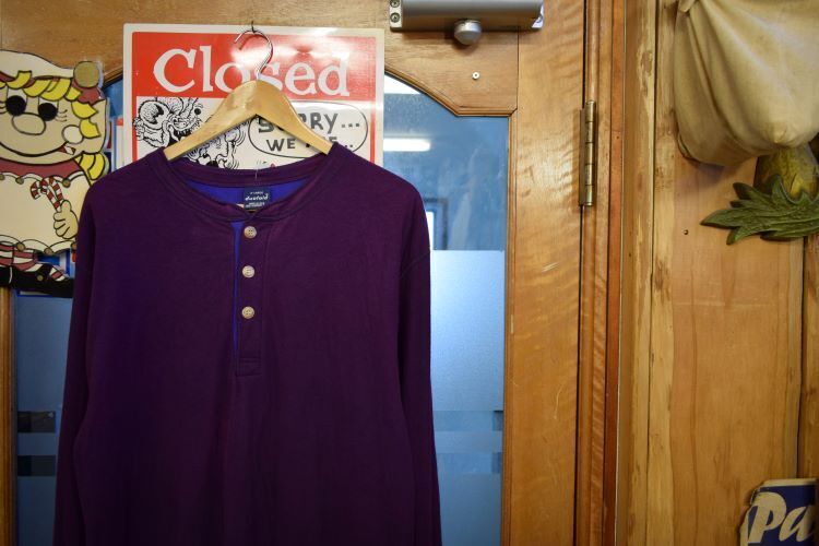 グッドカラー◎USA製ビンテージDUOFOLDデュオフォールドボディヘンリーネック長袖無地TシャツXLパープルアメカジストリート nr24963拍卖