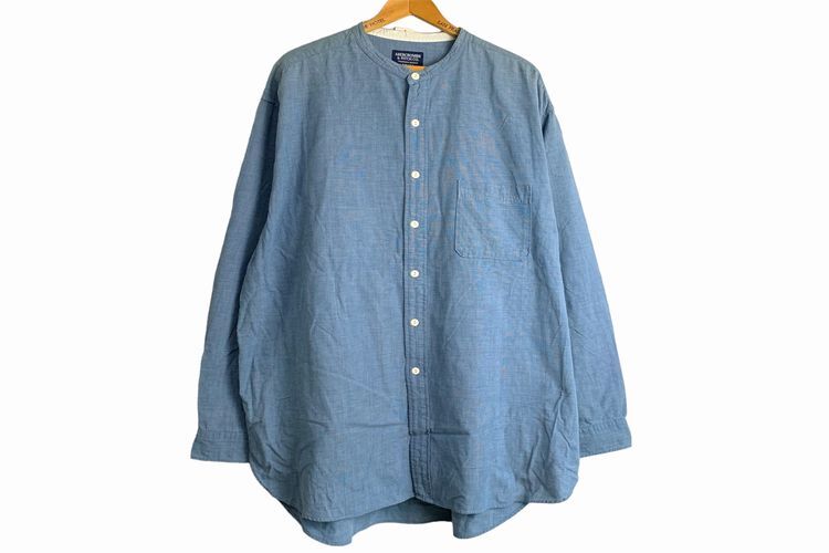 グッドアイテム◎90s ABERCROMBIE&FITCHアバクロンビー&フィッチバンドカラーオールコットン長袖シャツLブルーアメカジビッグサイズh21534拍卖
