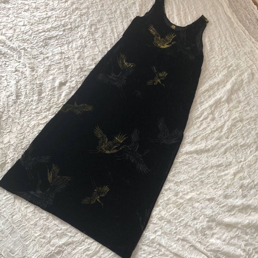 【和柄】Namba ロングワンピース ベロア ノースリーブ スリット 鶴柄 柄に透け感 M ★1000拍卖