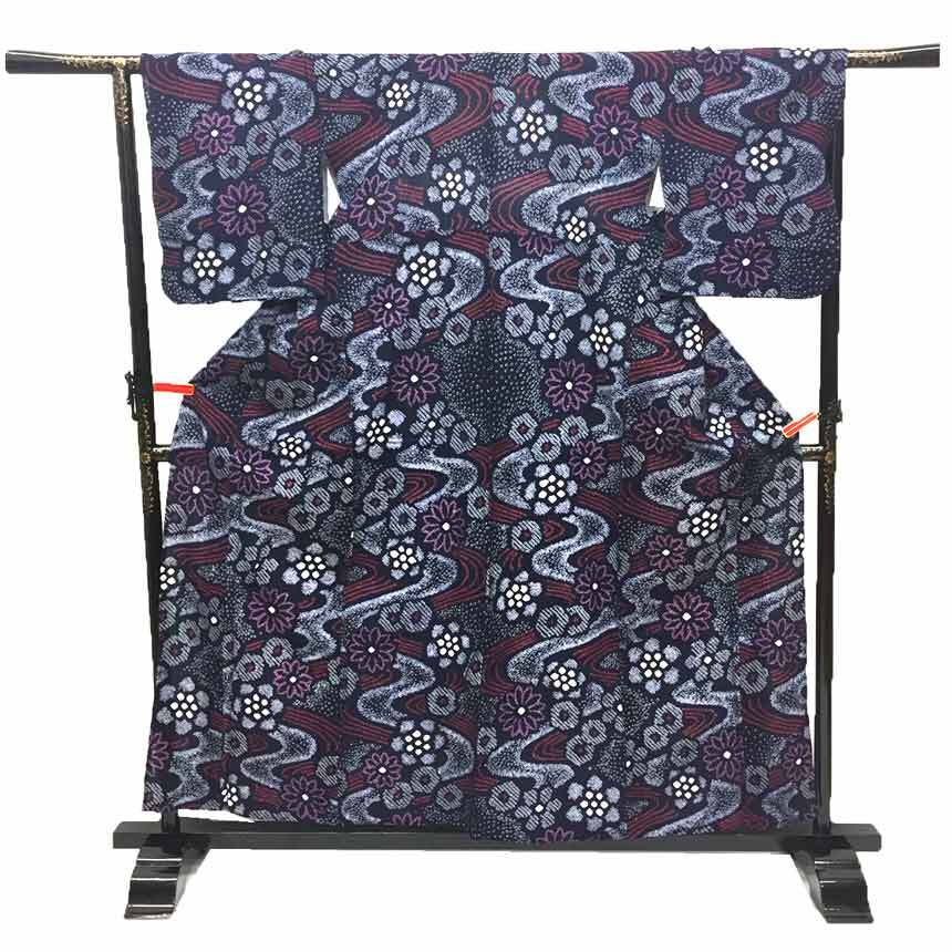 京やI524 本格ゆかた 本絞り染め 高級絞りの浴衣 藍染 有松絞り 有松鳴海絞 伝統工芸 一目絞り 蜘蛛絞り 鹿の子絞り 流水文様 木綿拍卖