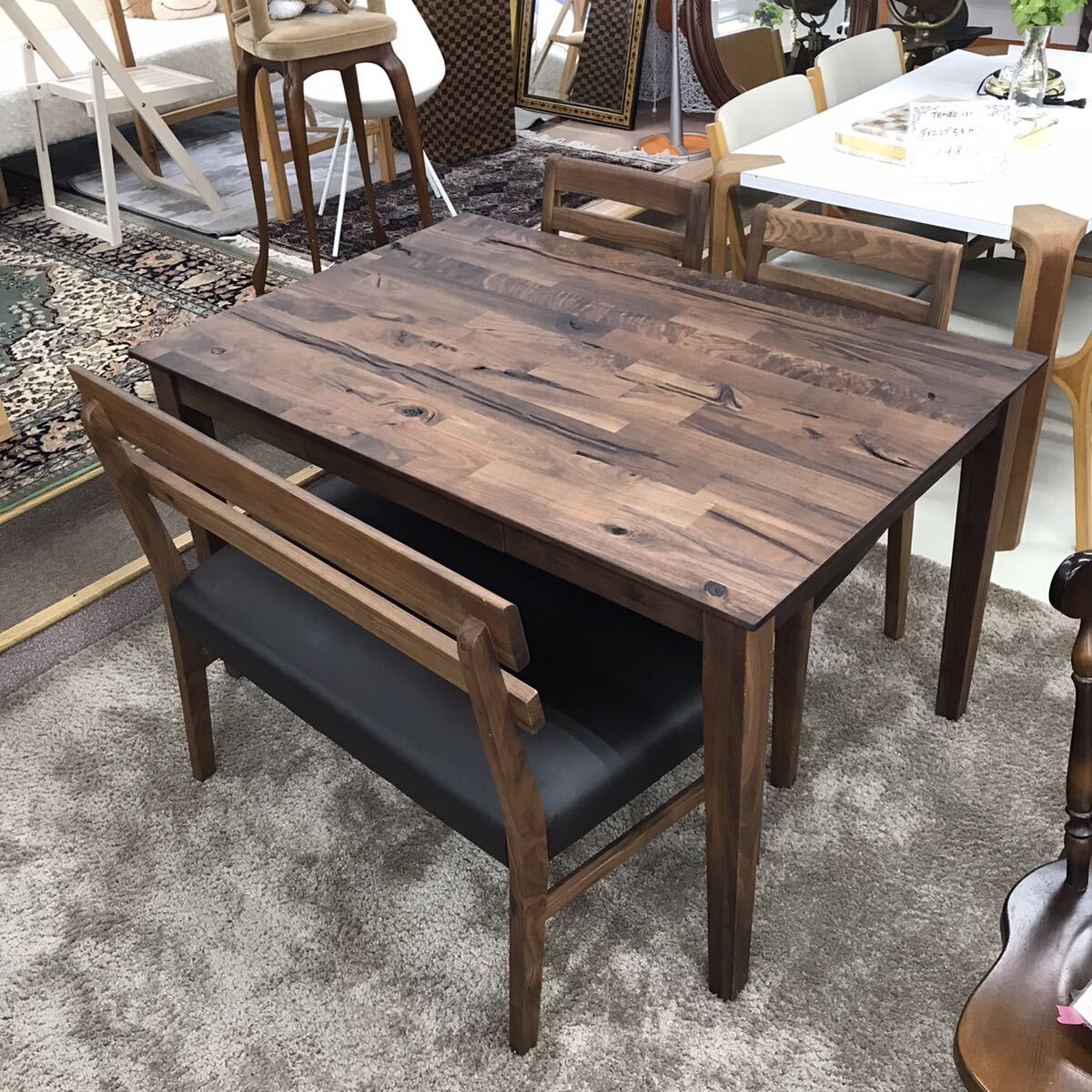 大川家具 ダイニングテーブル ダイニングチェア ベンチチェア 4点セット ウォールナット材 引き出し付「VAMOS」 289拍卖