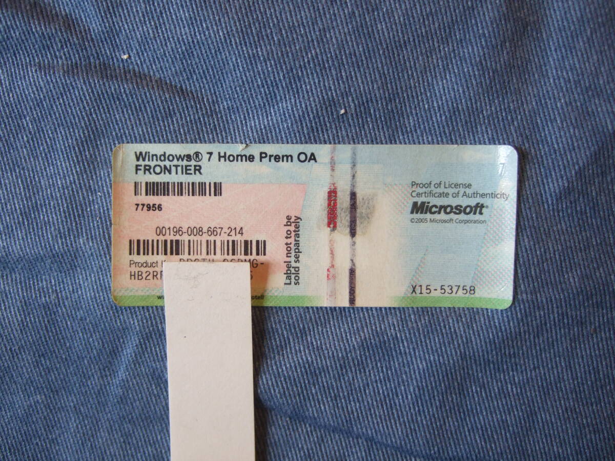 FRONTIER Windows 7 Home Prem OA プロダクトキー シール拍卖