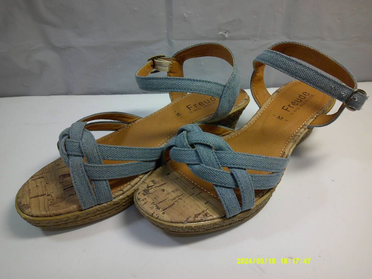 ★FREUDE サンダル デニム風 Mサイズ 約23cm 春夏 ヒール ブルー ④拍卖