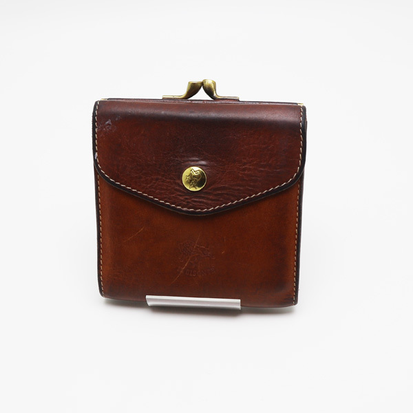 中古品 イルビゾンテ がま口 二つ折り財布 ブラウン レザー拍卖