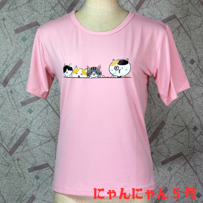 ◆猫が好き◆猫Tシャツ にゃんにゃん5号 かわいいイラスト 親子で散歩ネコ ピンク サイズ:L拍卖
