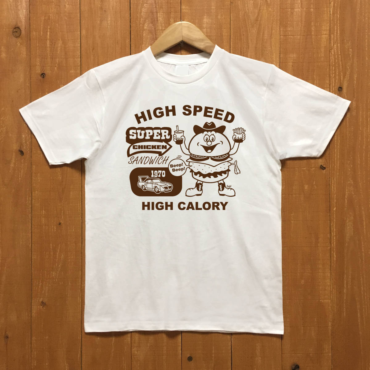 ■SUPER CHICKEN Tシャツ■Sサイズ(ホワイトxブラウン)アメリカ アメ車 モパ- ハンバーガー MOPAR ROADRUNNER HAMBURGER拍卖