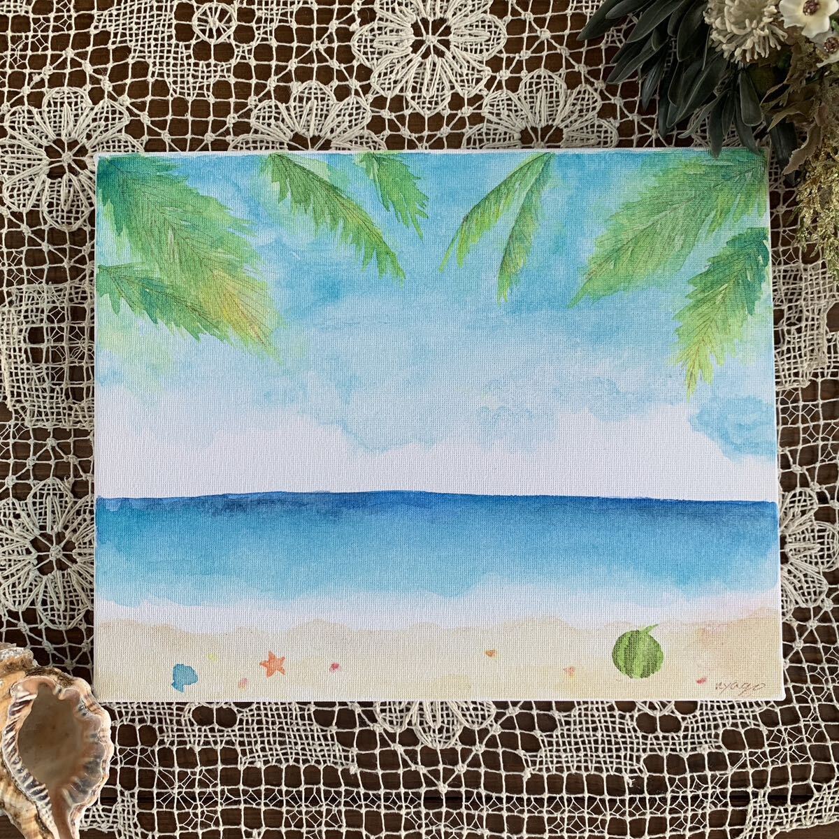 nyago 水彩画 風景画 海 浜辺 椰子 イラスト 絵画 手描きイラスト オリジナル キャンバス 原画 画家 直筆 真作 美術 アート コレクション拍卖