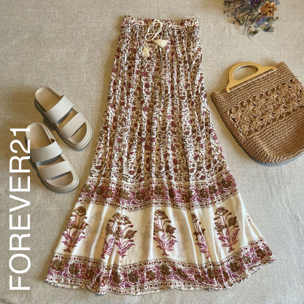 FOREVER21 ロングスカート エスニック柄 シフォン フォーエバー21 レディースSサイズ 未使用 美品 レトロ フラワー 大人可愛い拍卖