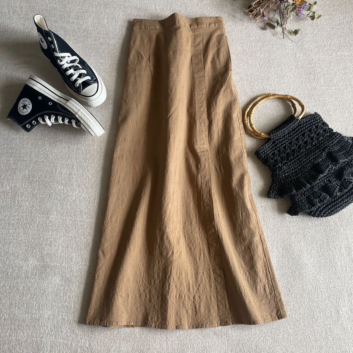 アングリッド ロングスカート ストレッチスリットマキシスカート リネン キャメル ボトムス 大人可愛い スリット タイトスカート拍卖