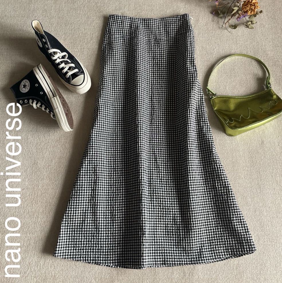 ナノユニバース ロングスカート ギンガムチェック フレアスカート ボトムス 大人可愛い レディース38サイズ 美品 マキシスカート拍卖