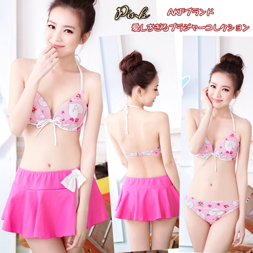 K1392/11L 新品 水着 ★3点セット ビキニ スカート ハート フェミニン ホルターネック ワイヤー ピンク セクシー お洒落 可愛 レディース拍卖