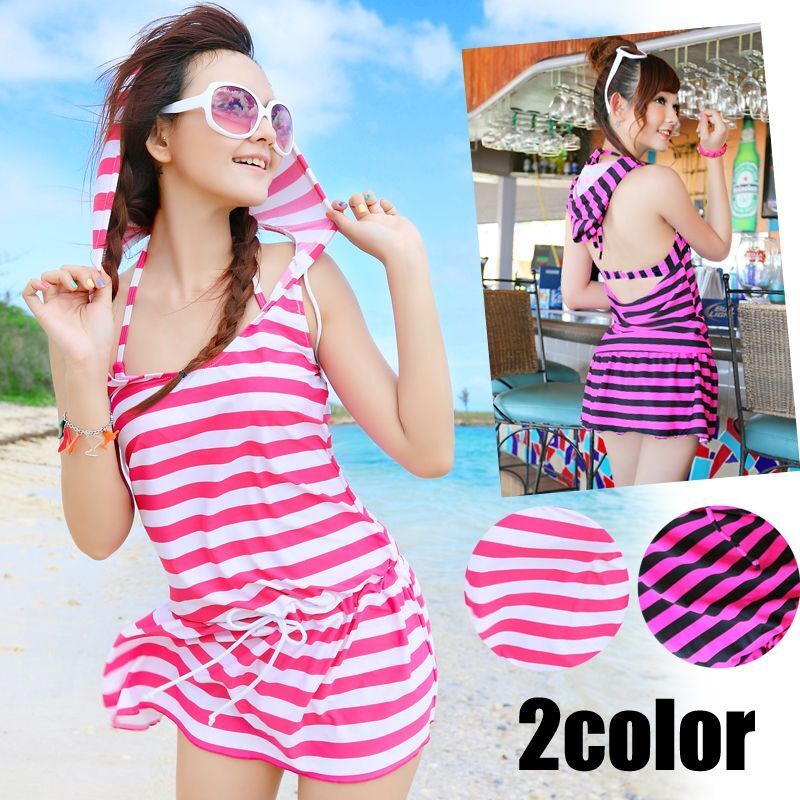 M140602/7S 新品 水着★3点セット ビキニ ワンピース ボーダー柄 フード付き ホルター ワイヤー ピンク セクシーお洒落 可愛い レディース拍卖