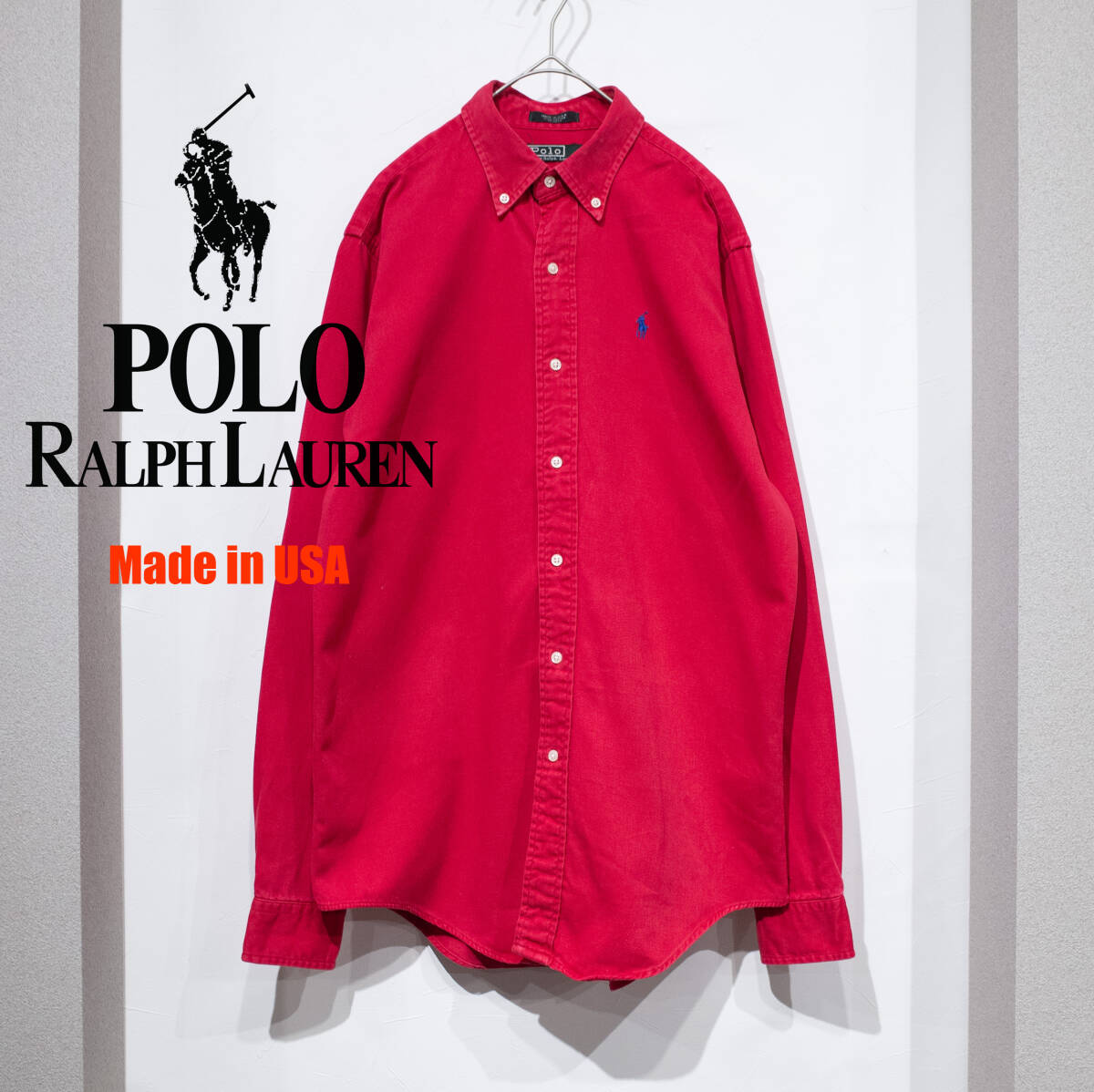 【USA製】XL(メンズM程度) / 80s VINTAGE POLO RALPH LAUREN ラルフローレン コットンツイル B.Dシャツ 赤 レッド フェード 緑タグ 古着拍卖