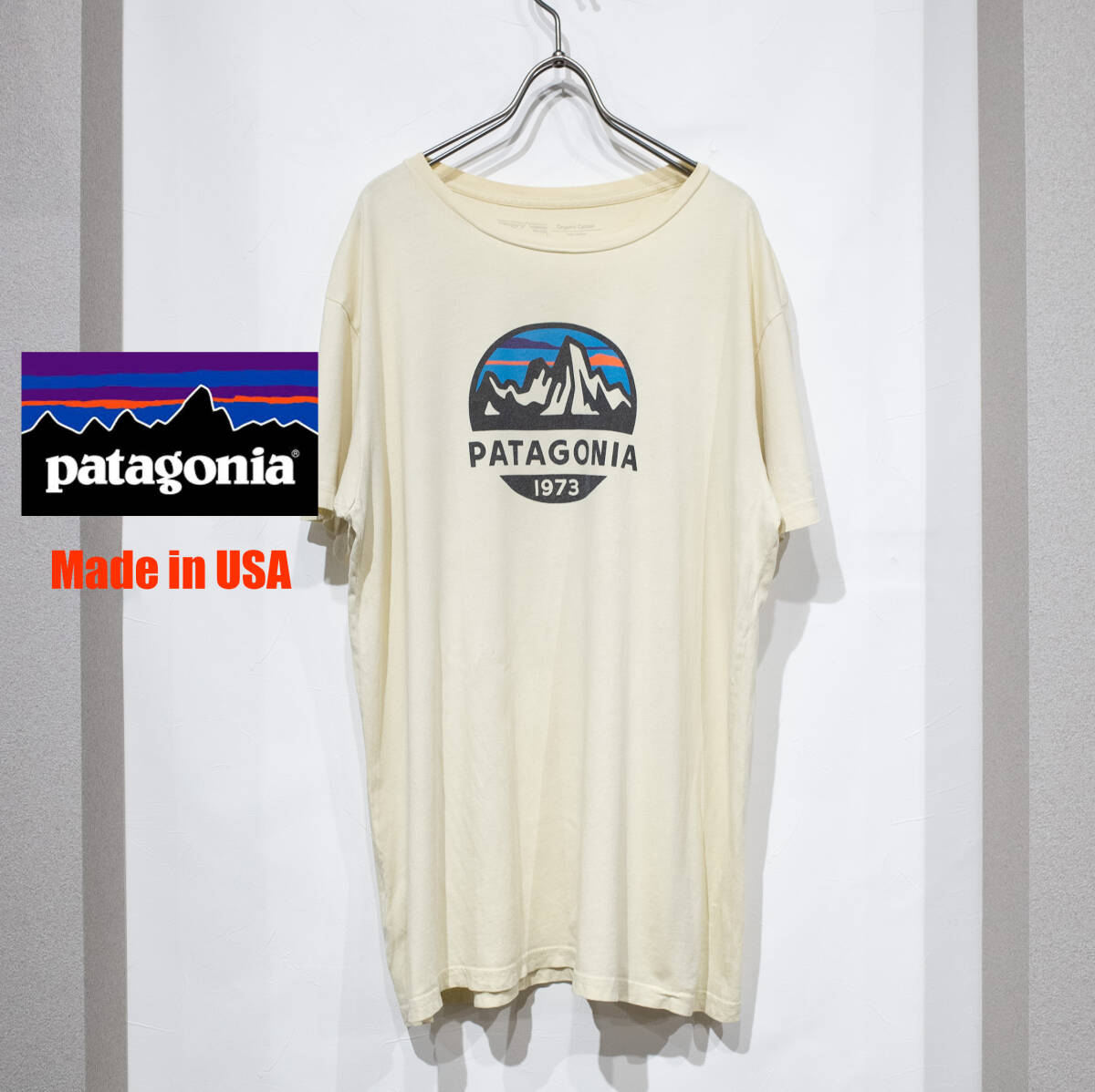 【USA製】L / Patagonia パタゴニア オーガニックコットン 半袖 Tシャツ 前面 ロゴ イエロー クリーム グラフィック プリント 古着拍卖