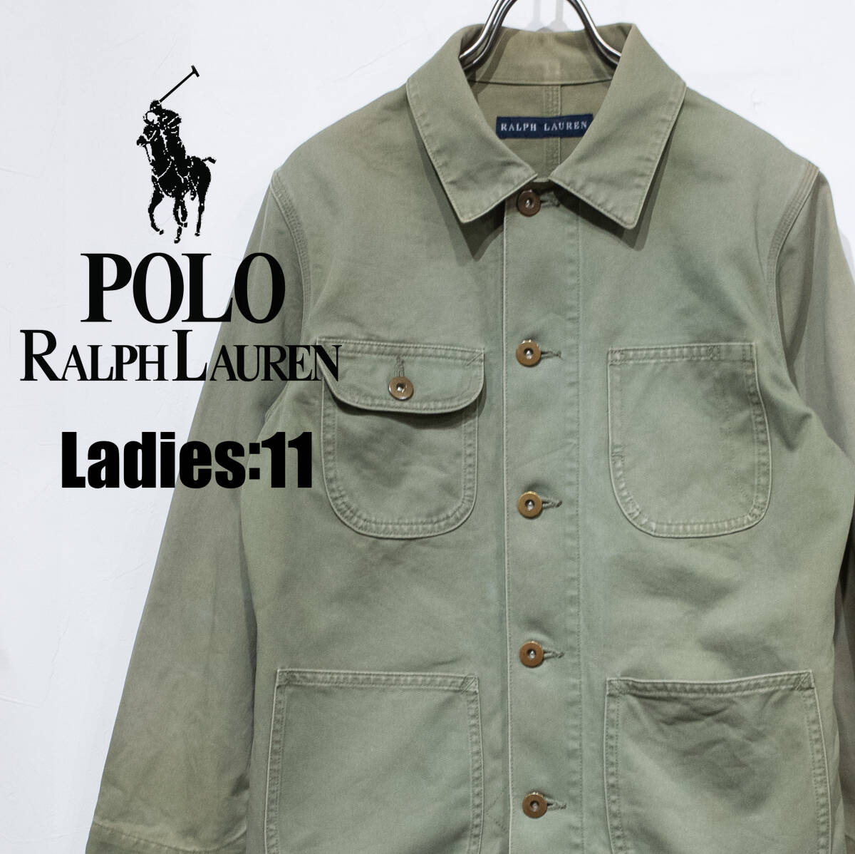 レディース11 L相当 / 90s RALPH LAUREN オールド ラルフローレン ミリタリー カバーオール グリーン カーキ ワーク ジャケット 古着拍卖