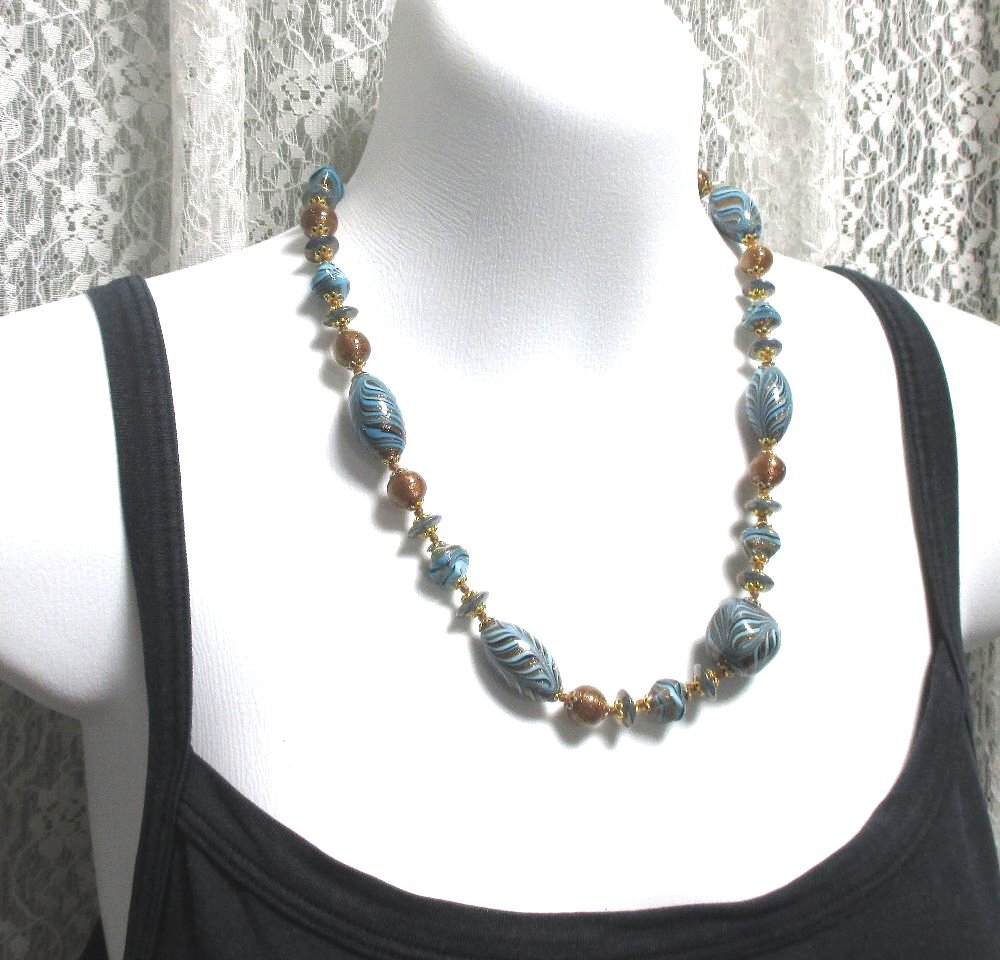 ヴぇネチアングラス ネックレス 50㎝ ブルー系 金彩拍卖