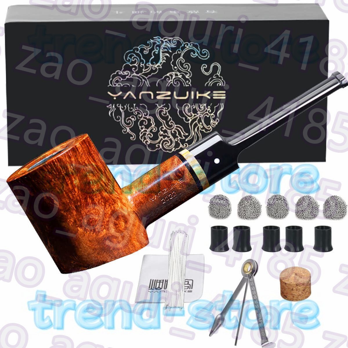 手作りの喫煙パイプセット、9mmブライヤーウッドタバコパイプ、パイプスタンドホルダーとアクセサリー付き、厚い耐熱性拍卖