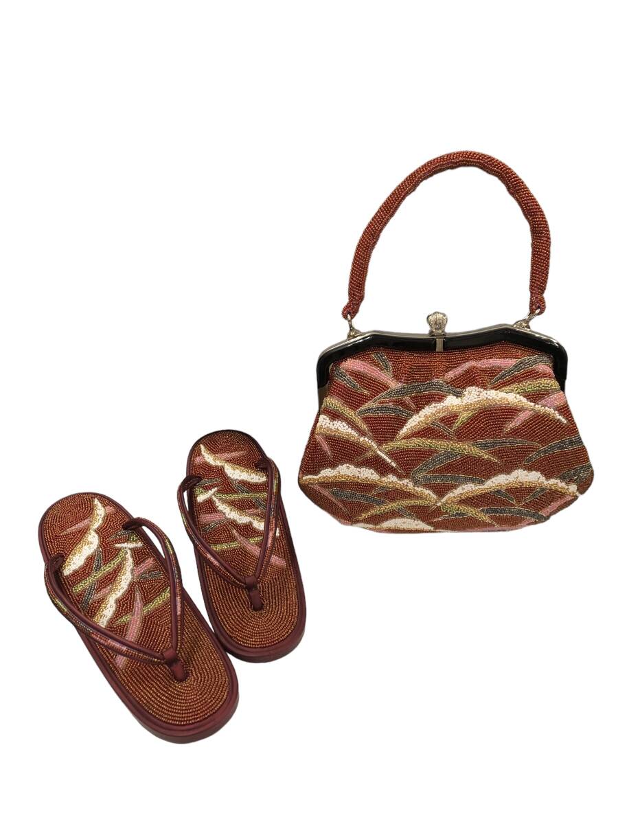 /24R385 2 草履・バック セット ビーズ 台長23.5㎝ 和装小物 中古品拍卖