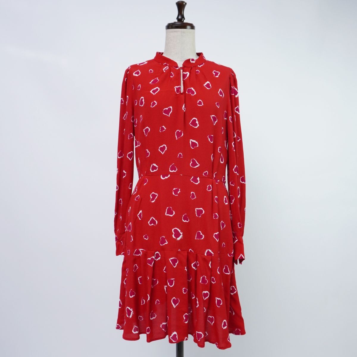 美品 Tara Jarmon タラ ジャーモン ハート柄 裾プリーツ 長袖膝丈ワンピース 裏地なし レディース 赤 レッド サイズ36*RC364拍卖