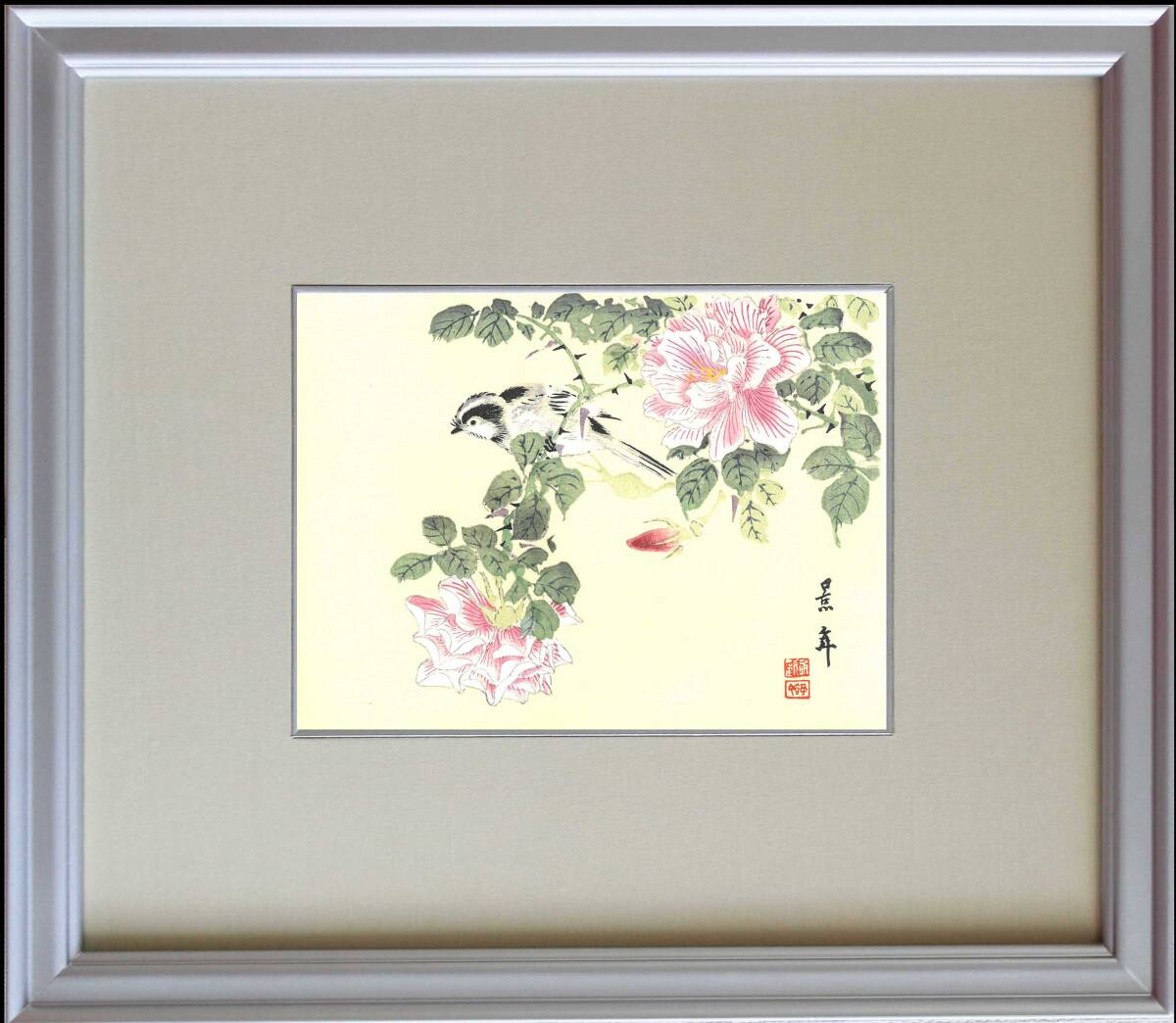 真作保証 額装 今尾景年 木版画 薔薇 初版明治期~ 版元蔵出し希少作品! ご自宅で鳥たちの囀りがあたかも楽しめるが如く!!拍卖