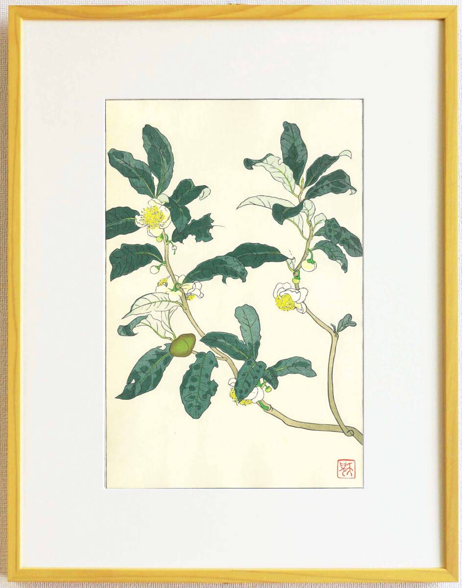 真作保証 額装 葛原 輝 木版画 F152 お茶 花版画 初版昭和中期頃 自宅に届いて直ぐに飾れる京都の名品 花版画!! 拍卖
