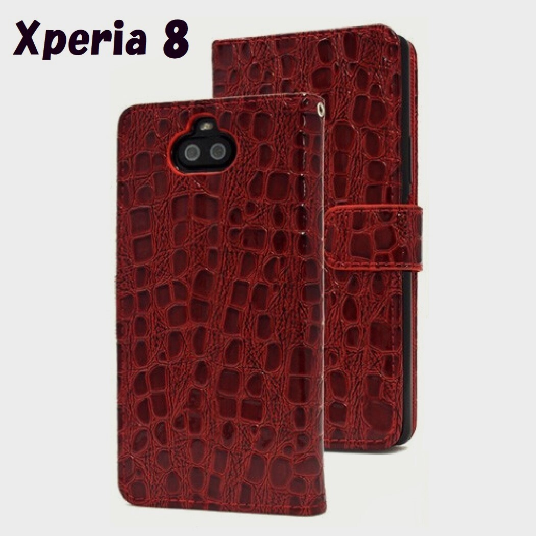 Xperia 8:クロコダイル 合皮レザー エナメル 手帳型ケース★レッド 赤拍卖