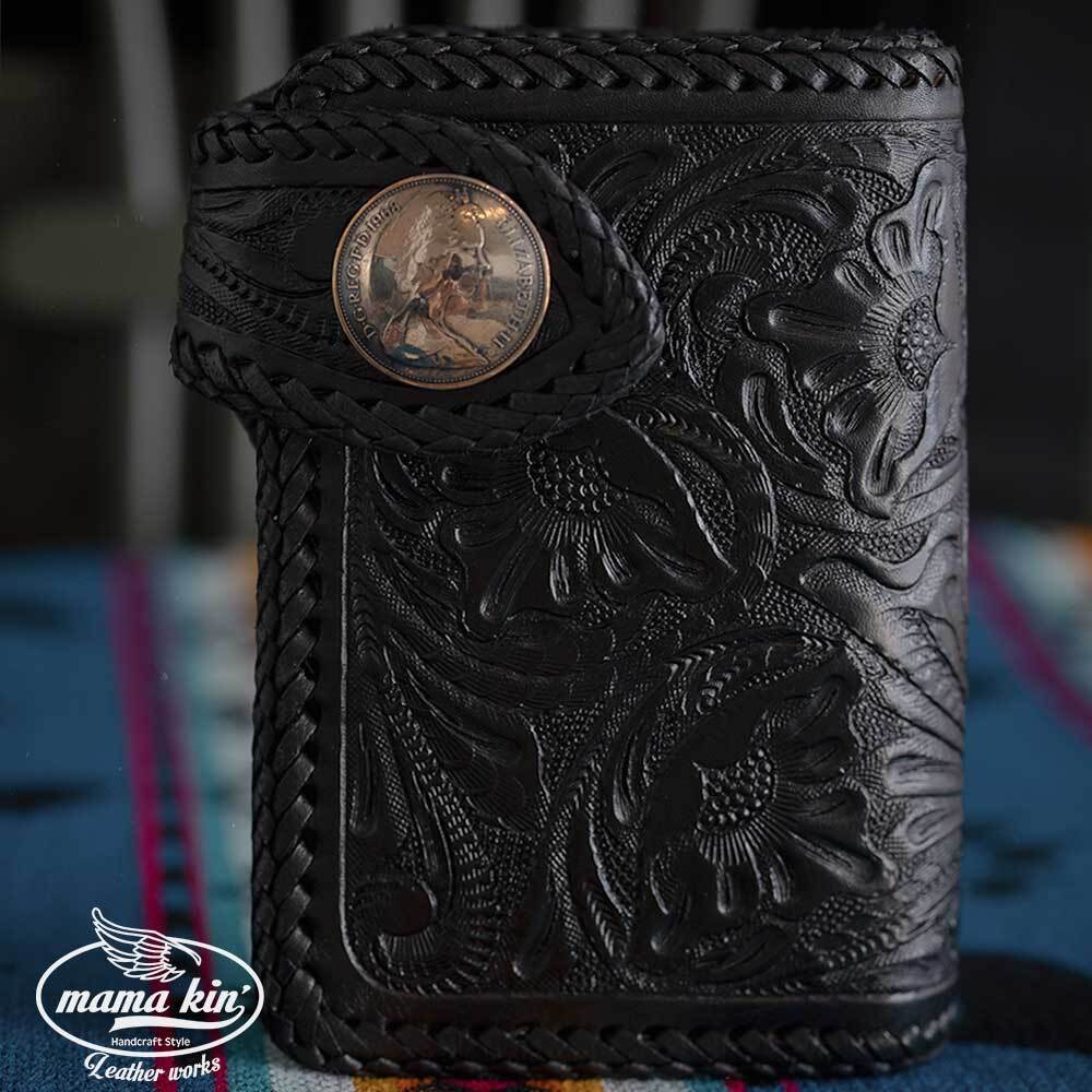 ヌメ革/サドルレザー/カービングウォレット/バイカーズウォレット/財布/牛革/レザーウォレット/ヌメ革/hf009cv46blk01拍卖